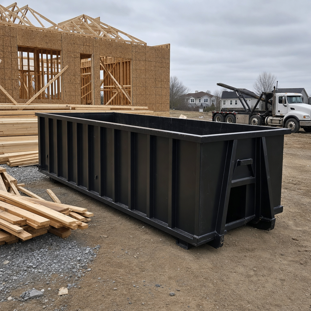 Matte-black 40-yard roll-off dumpster staged on a framed-out residential construction site in Indianapolis, framing lumber stacked nearby, hooklift delivery truck visible in the background under bright Colorado daylight