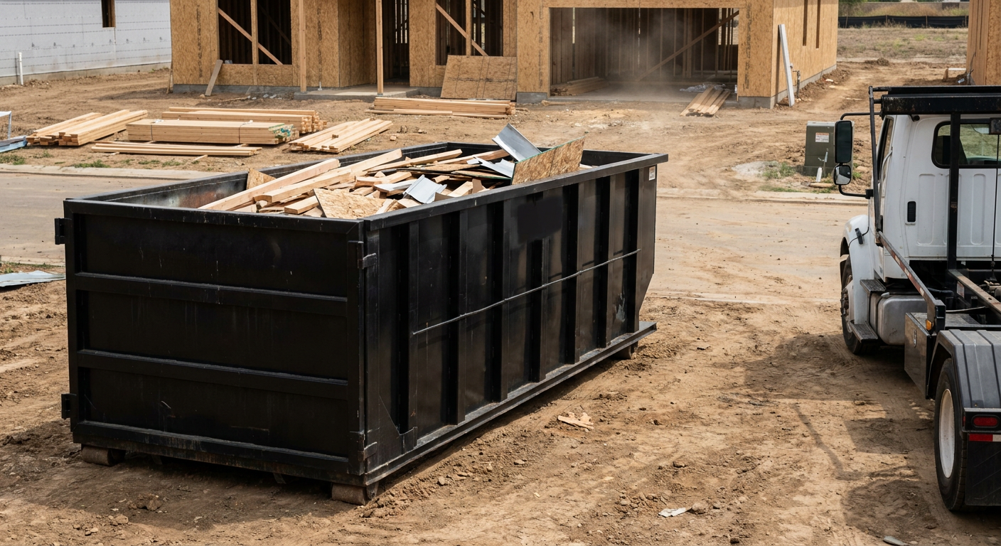 Matte-black 20-yard roll-off construction dumpster with heavy ribbed steel sidewalls and swing rear doors at a working jobsite in Indianapolis, sitting directly on compacted dirt with an unmarked white hauler partially visible at the far edge of the frame.