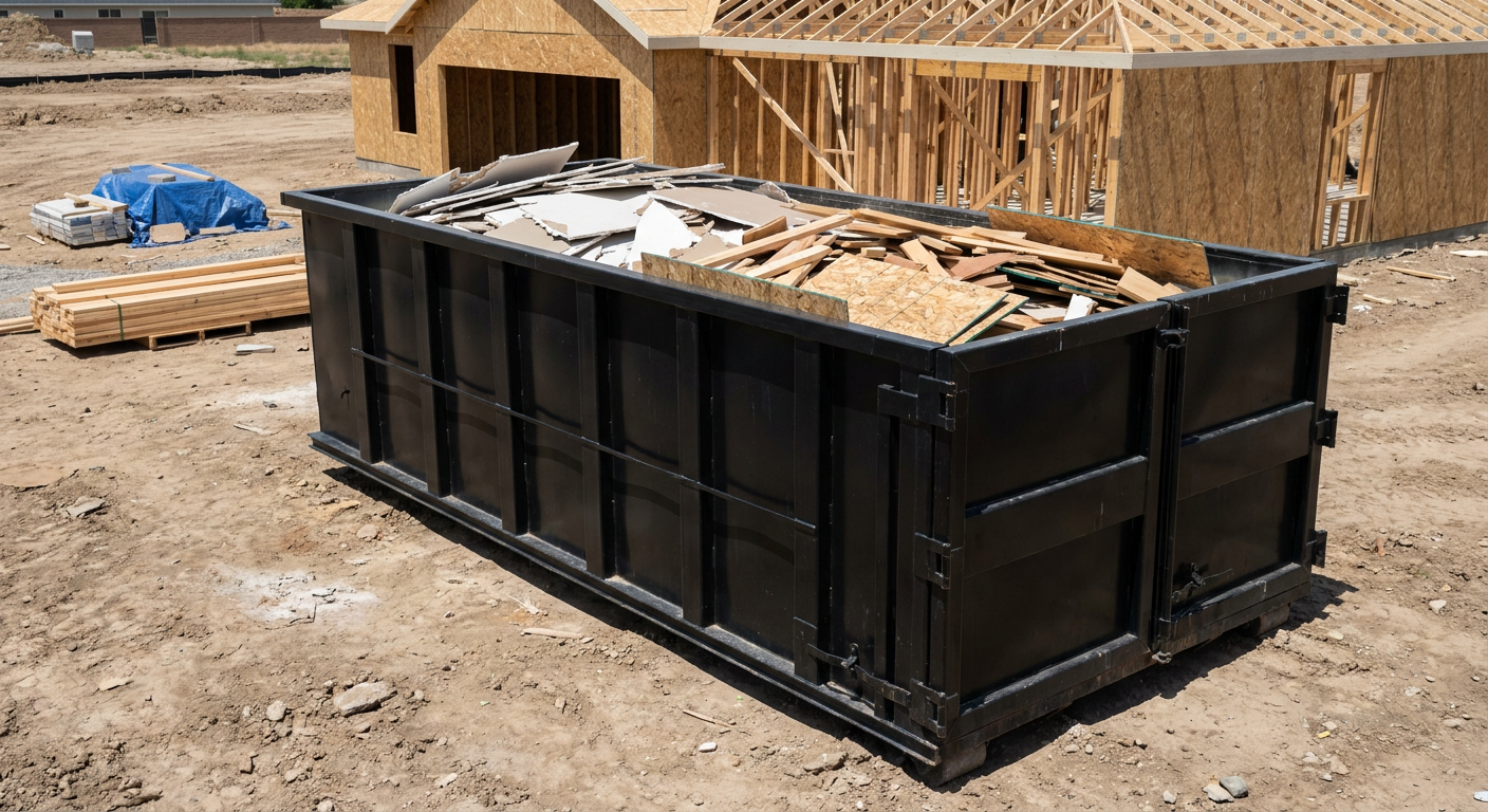 Matte-black 30-yard roll-off construction dumpster sitting directly on the compacted-dirt site of a framed single-family home build in Indianapolis, drywall and lumber scrap loaded inside.