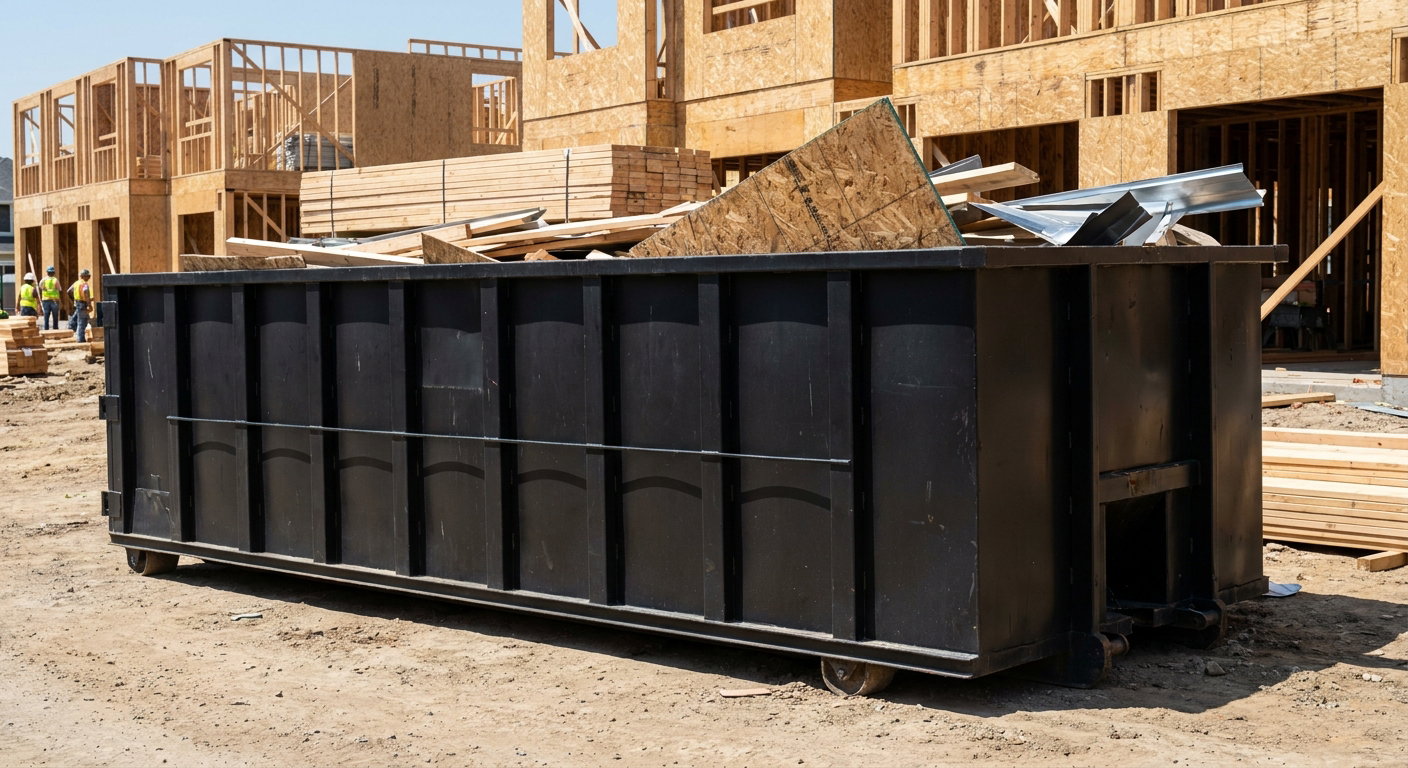 Matte-black 40-yard roll-off construction dumpster being lowered from a white-cab hooklift delivery truck onto the compacted-dirt jobsite at a commercial build site in Indianapolis