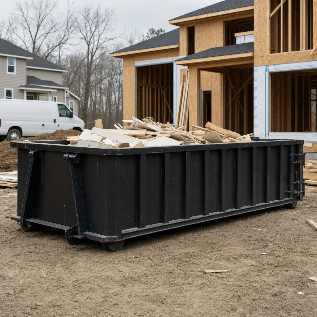 Worker in a yellow high-visibility vest tossing framing lumber and broken drywall into a matte-black 30-yard construction roll-off dumpster on an active build site in Indianapolis, bright daylight