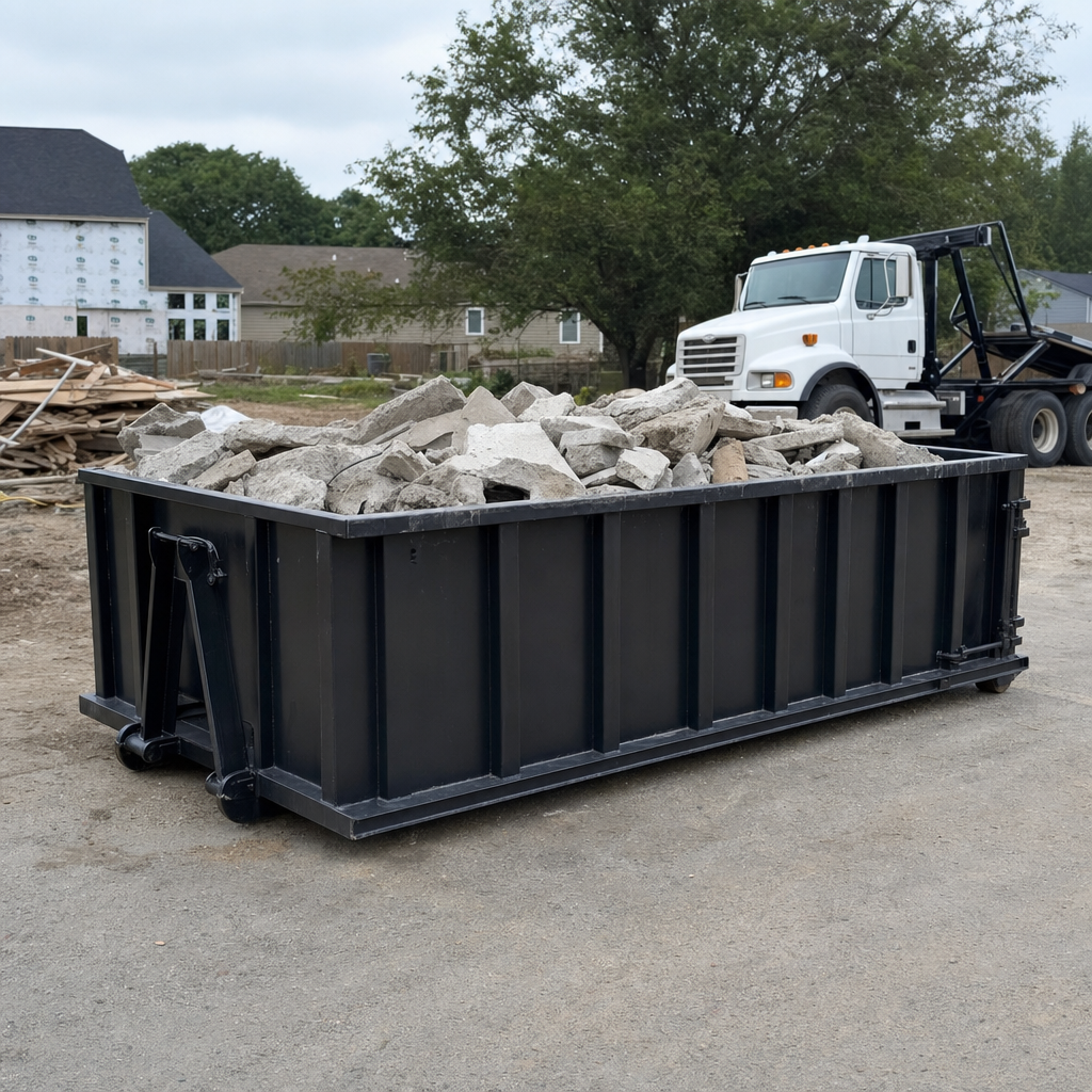 Low-profile matte-black lowboy roll-off dumpster loaded with broken concrete slab and rebar at a foundation tear-out in Indianapolis, skid steer parked beside it, sunny Colorado morning