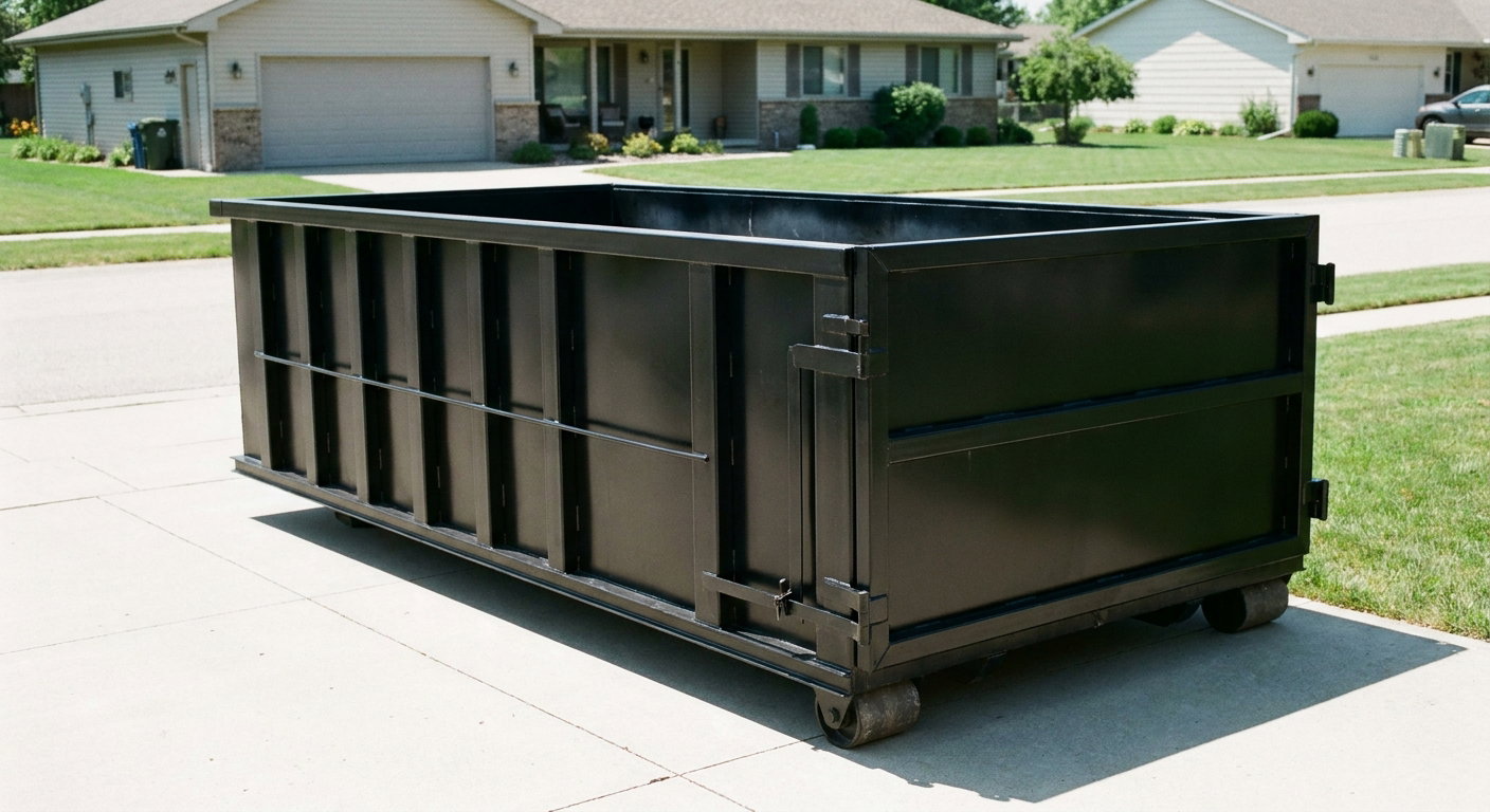 Matte-black 10-yard roll-off dumpster on a residential concrete driveway in Indianapolis, uniformly painted matte black across every panel and rail, ribbed steel sidewalls and rear swing door visible, mid-day daylight.