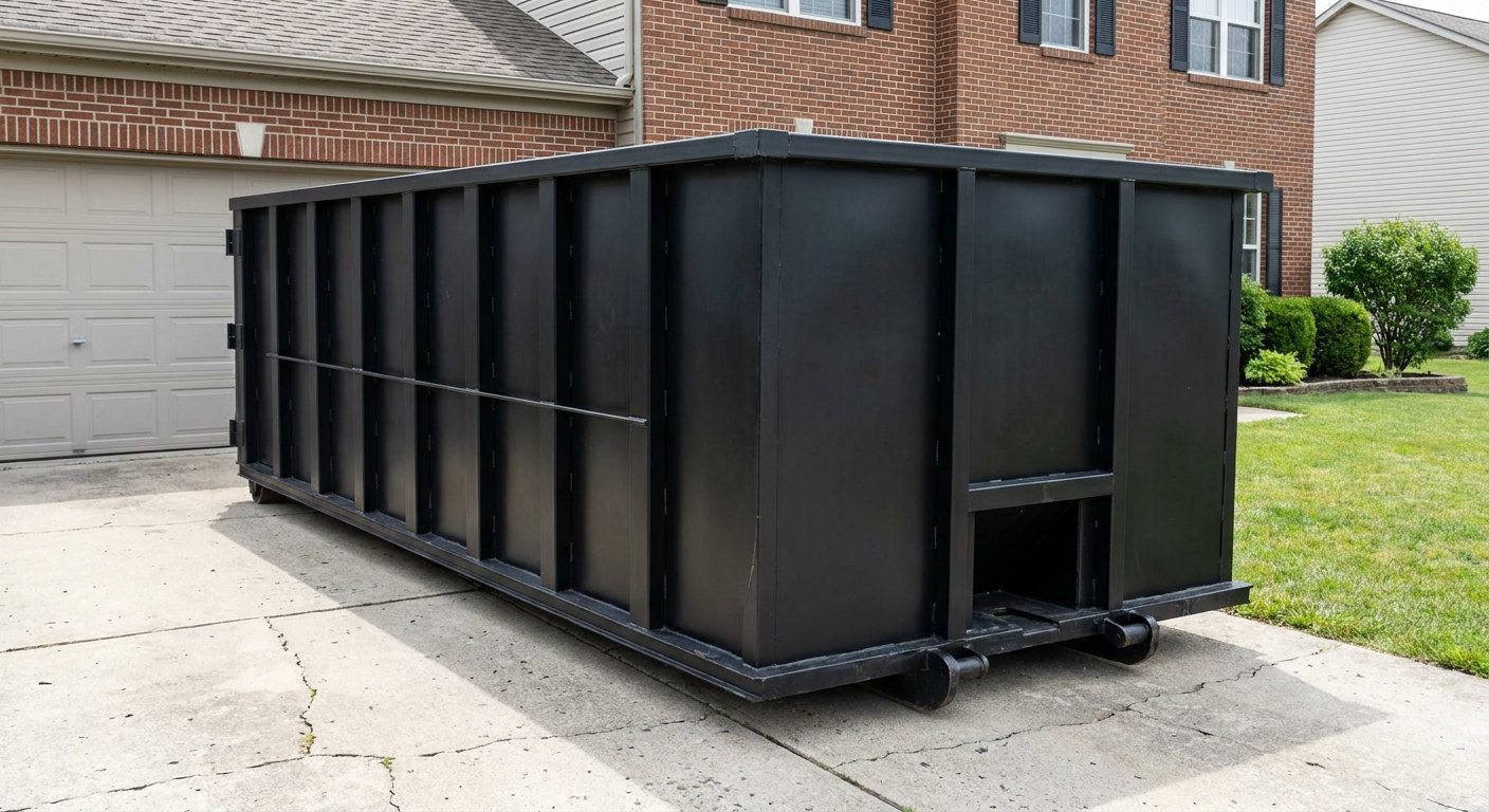 Matte-black 20-yard roll-off container on a Indianapolis residential concrete driveway with reinforced ribbed steel sidewalls and a hinged rear walk-in door, clean bright daylight.