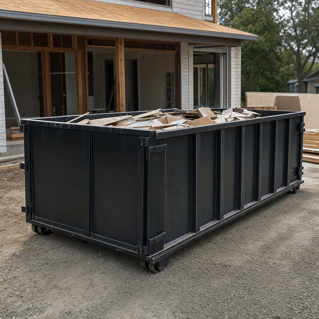 Large matte-black 30-yard construction roll-off dumpster at an active Indianapolis jobsite, steel-gray top rails and bottom rollers visible, loaded with construction debris.