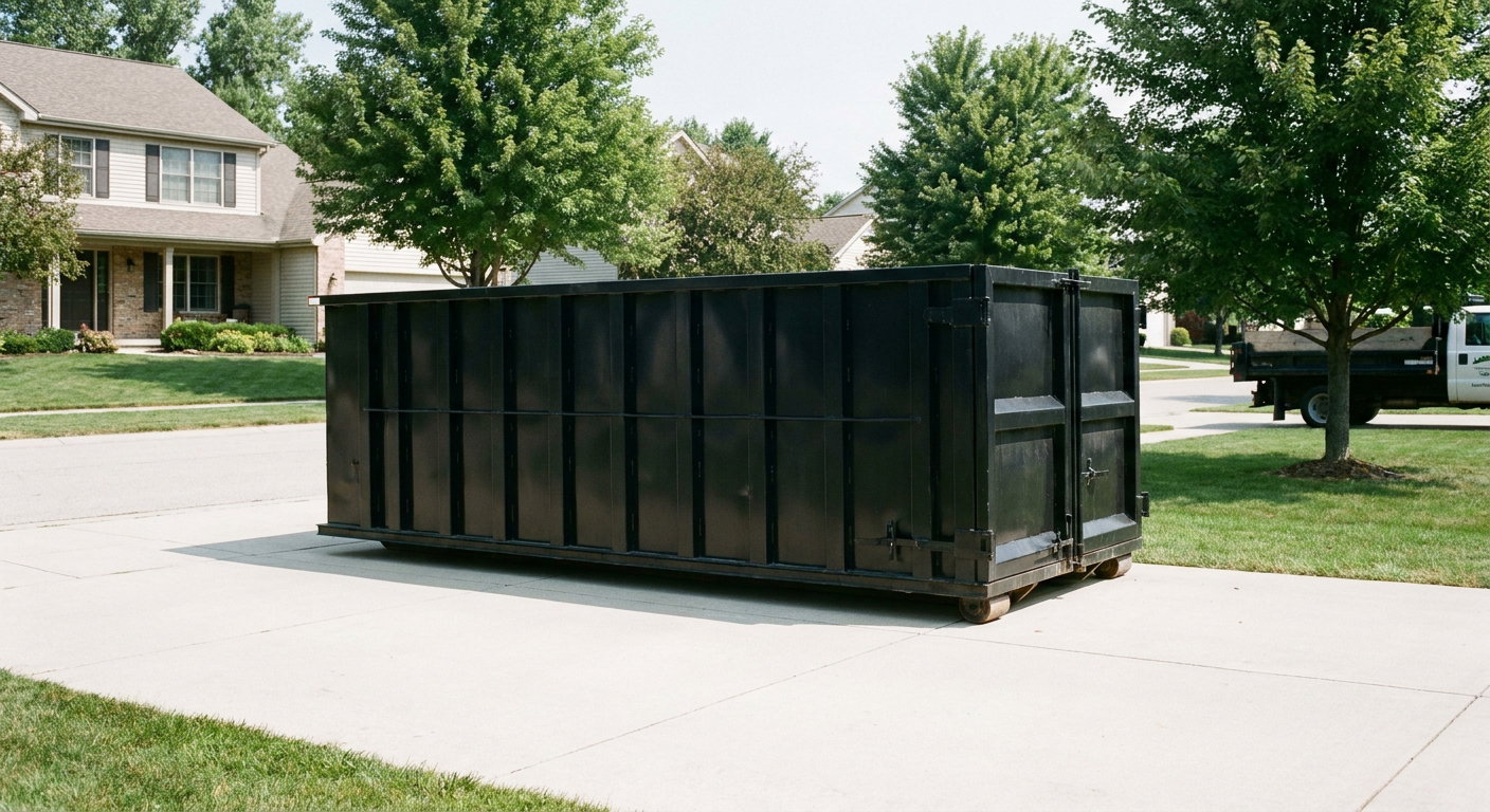 Matte-black 20-yard roll-off dumpster sitting level on a clean Indianapolis residential concrete driveway under bright daylight, demonstrating clean placement directly on the concrete.