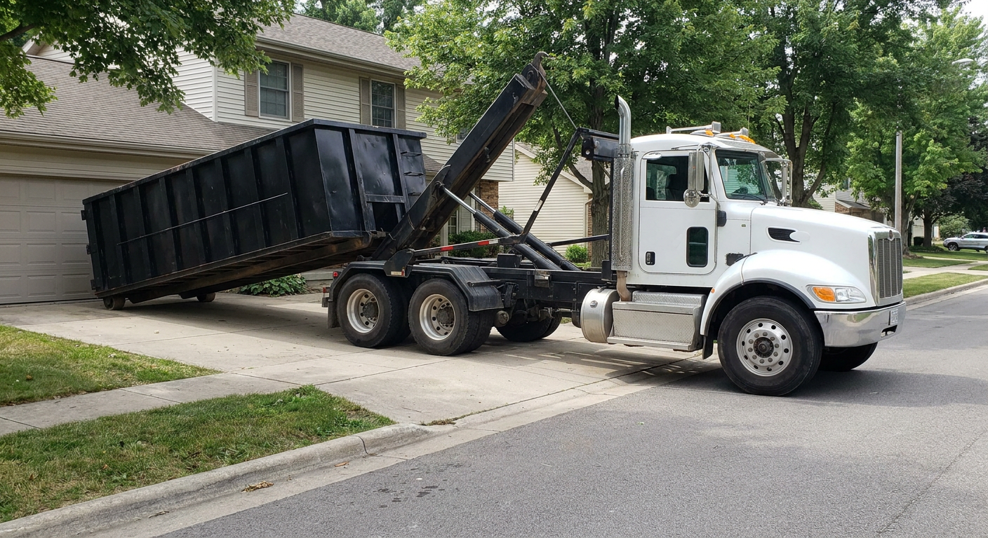 White-cab hooklift roll-off truck actively lowering a matte-black dumpster onto a Indianapolis residential concrete driveway, the dumpster's rear wheels touching the driveway as the hoist arm tilts the bed forward, mid-morning daylight.
