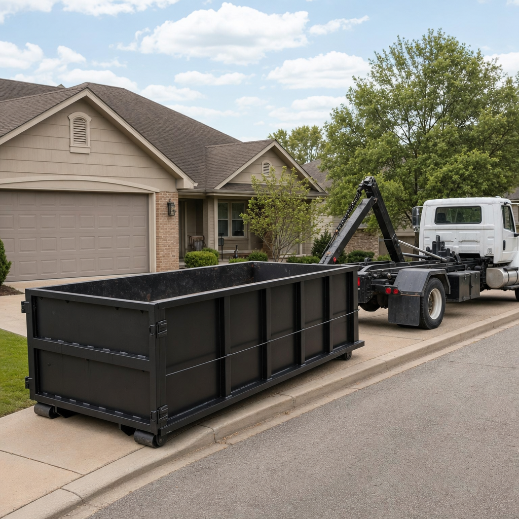Wide documentary shot of a matte-black roll-off dumpster on a Indianapolis residential driveway in the foreground and a contractor jobsite container in the soft-focus background, bright daylight, calm and orderly composition.