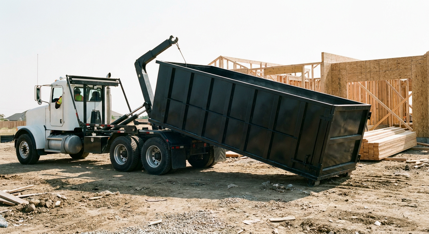 Matte-black roll-off dumpster being delivered onto a clean residential concrete driveway in Indianapolis by an unmarked white hooklift hauler truck, bright morning daylight, documentary 35mm perspective.