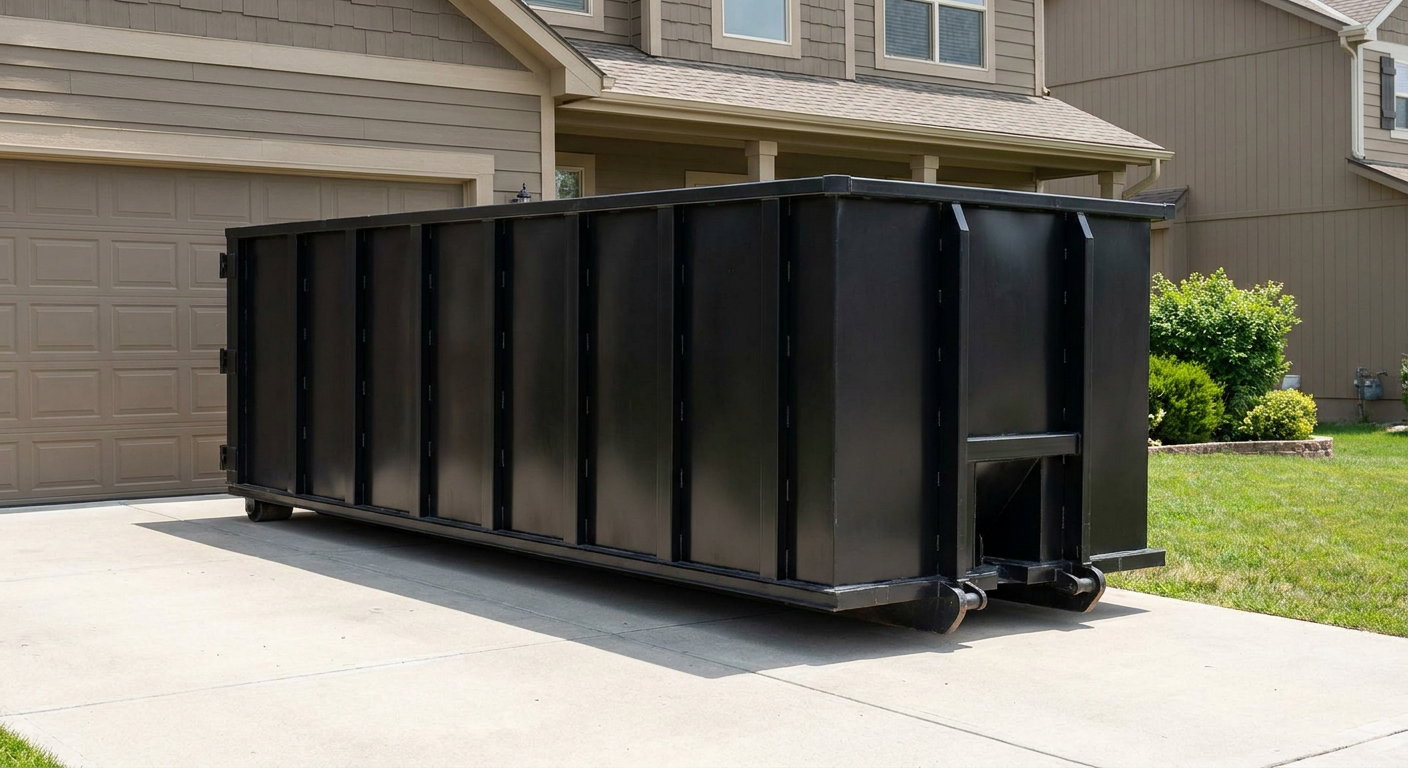 Matte-black residential roll-off dumpster sitting directly on a suburban Indianapolis concrete driveway, garage door closed, single-family home in background, bright morning daylight.