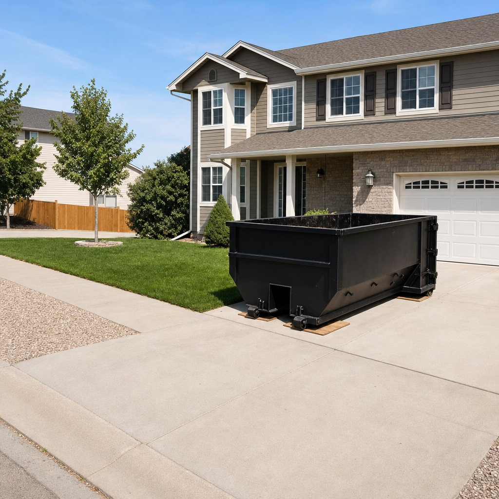 10-yard matte-black residential dumpster placed directly on a narrow Indianapolis concrete driveway, room remains for a parked sedan beside it, mid-morning natural light