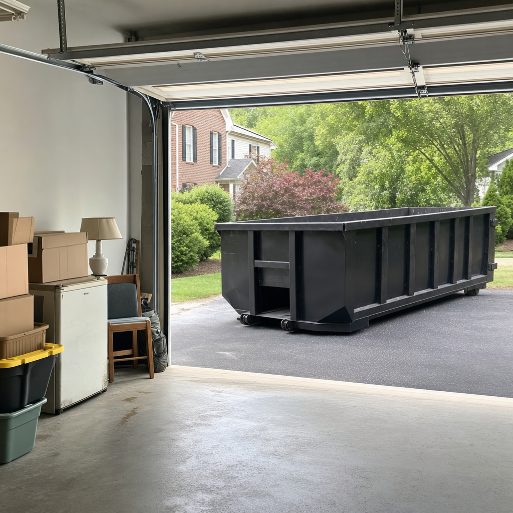 Open garage interior in a Indianapolis home mid-cleanout — boxed items, an old appliance, and stacked yard tools queued near the driveway for a matte-black roll-off dumpster, organized and calm