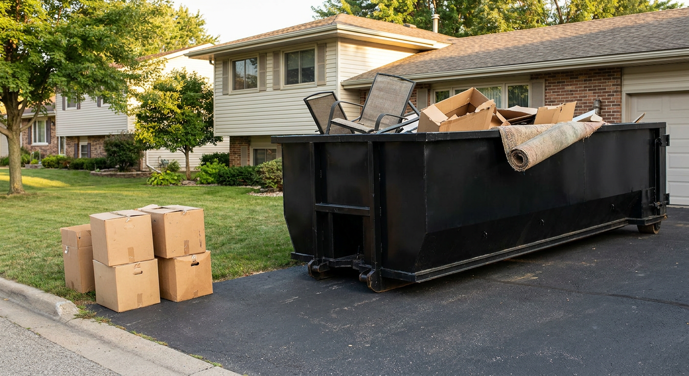 Front-yard view of a Indianapolis split-level home with a 20-yard matte-black roll-off dumpster sitting directly on the asphalt driveway, a few clearly labeled donation boxes staged at the curb, calm sunny afternoon.