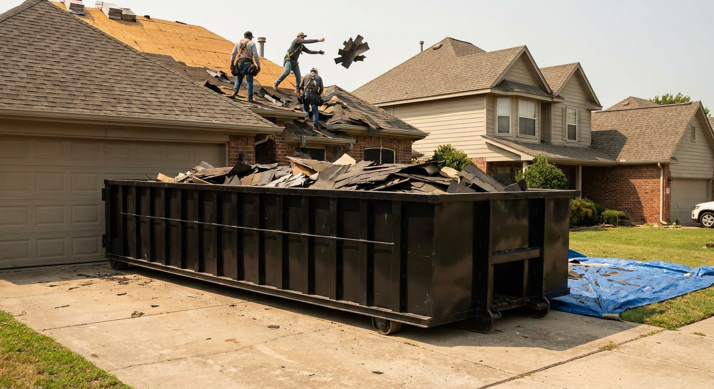 Matte-black roofing roll-off dumpster placed directly on a Indianapolis residential concrete driveway, a tear-off crew on a two-story asphalt-shingle roof tossing shingle bundles into the low-walled container, bright daylight, documentary 35mm perspective.