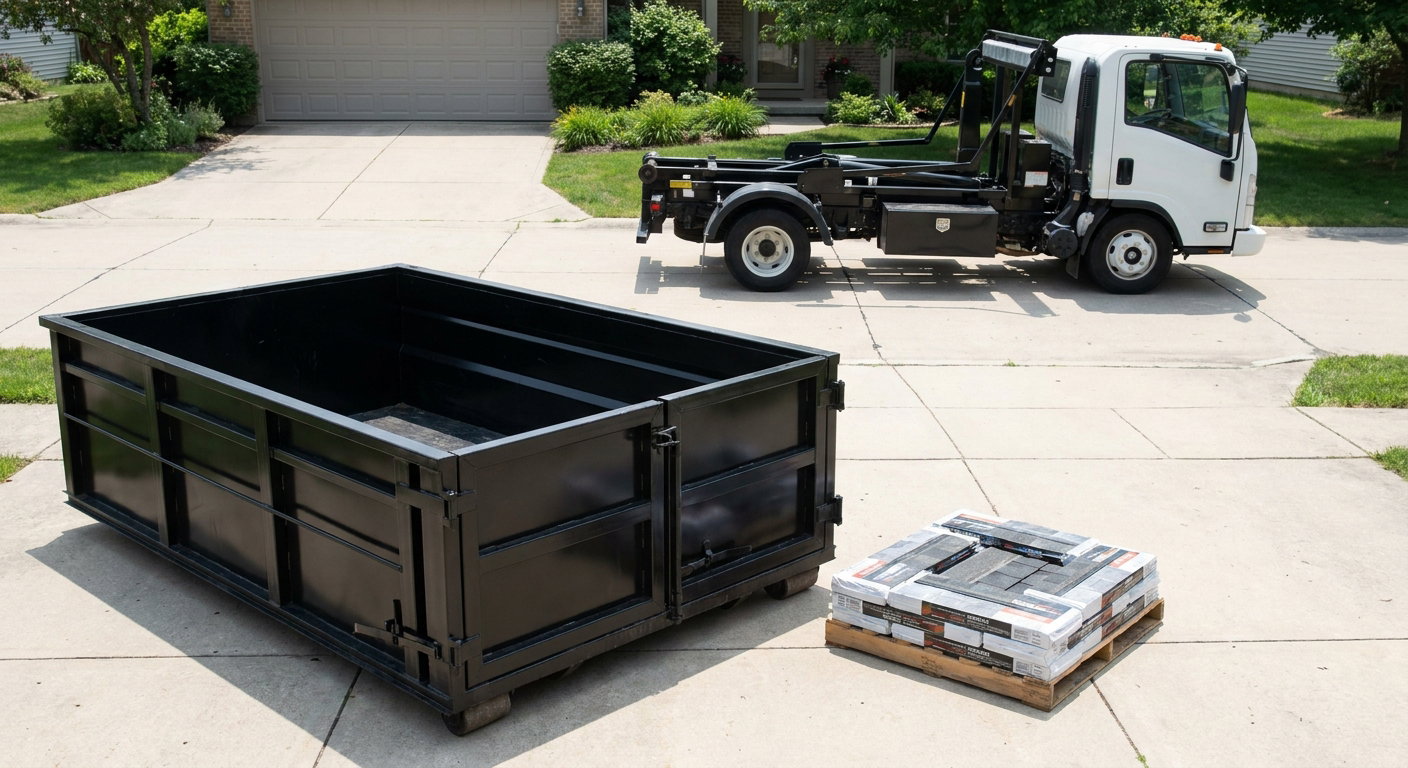 Matte-black 15-yard roofing roll-off dumpster with reinforced low side walls sitting directly on a Indianapolis residential concrete driveway, three-tab asphalt shingle bundles stacked nearby, an unmarked white hauler truck partially visible at the edge of the frame.
