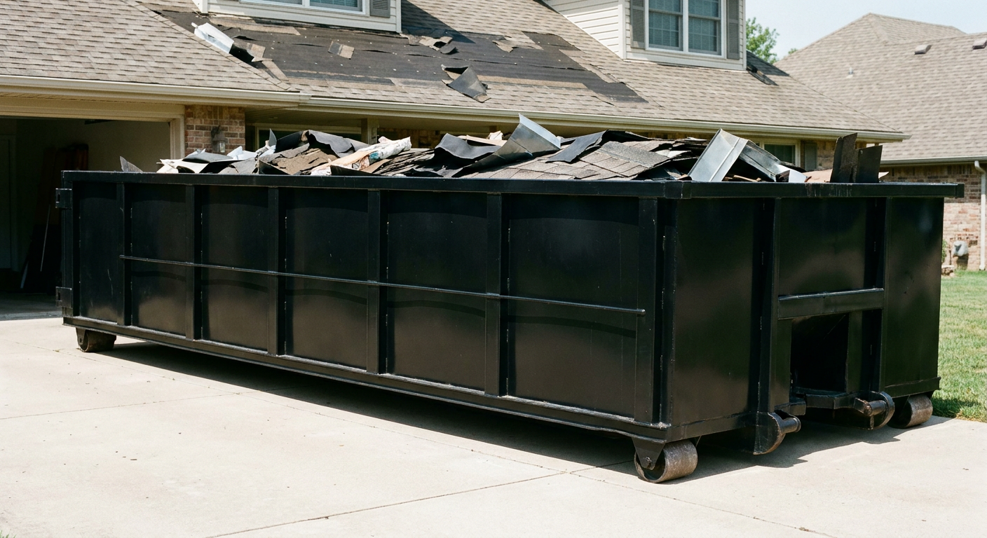 Matte-black 20-yard roofing roll-off dumpster with steel ribbed sides and swinging rear door, sitting directly on the concrete driveway of a two-story Indianapolis home, asphalt shingle debris being loaded over the low wall, clean documentary lighting.