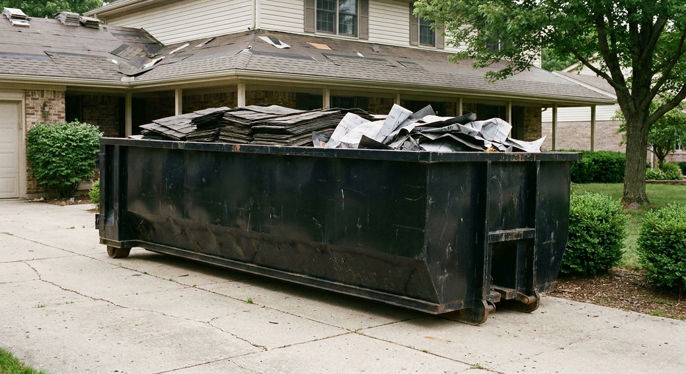 Matte-black 30-yard roofing roll-off dumpster sitting directly on a Indianapolis concrete driveway, taller ribbed steel side panels, mixed tear-off debris of asphalt shingles and underlayment inside, professional documentary daylight.
