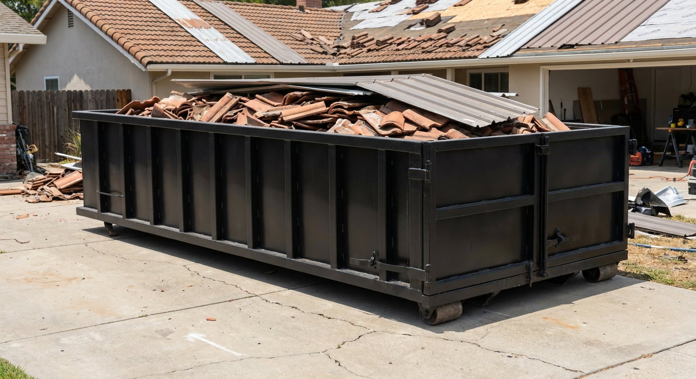 Matte-black low-wall heavy-debris roofing roll-off dumpster sitting directly on a Indianapolis concrete driveway, broken concrete clay roof tiles and metal panel sections loaded inside, reinforced ribbed steel side walls visible, bright outdoor daylight.