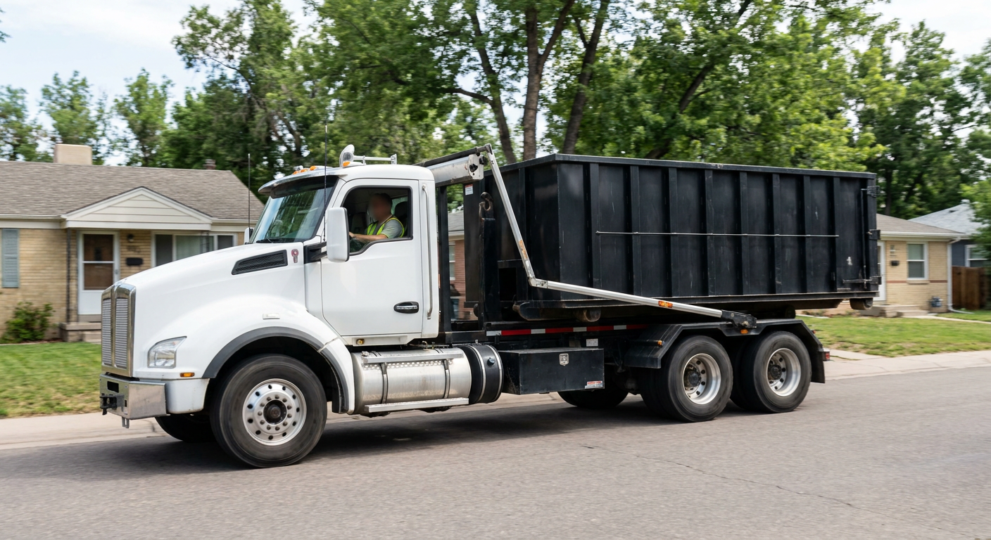 A wide documentary shot of a matte-black roll-off delivery truck pulling onto a quiet Indianapolis residential street at mid-morning, with neighborhood rooftops and tree-lined blocks visible behind, showing the metro coverage footprint.