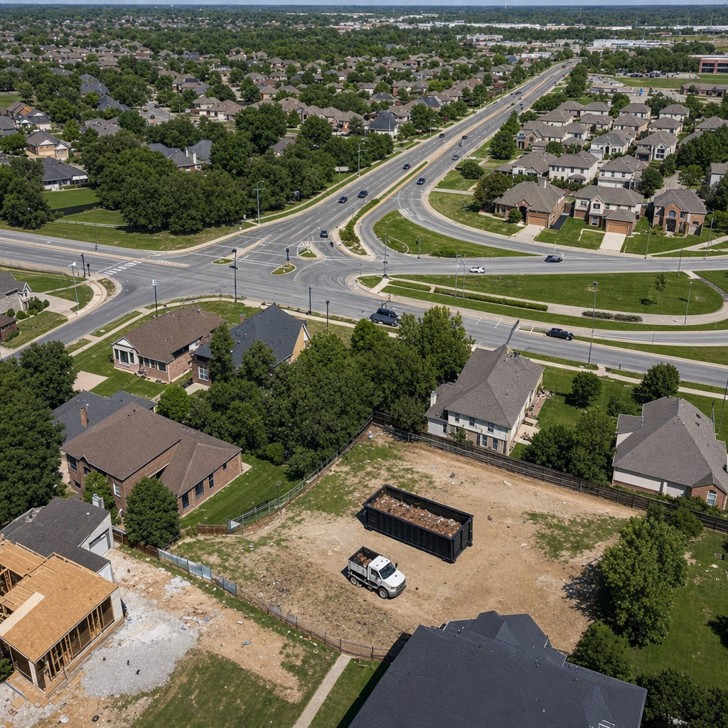 An overhead documentary view of the Indianapolis metro area at midday, showing the spread of neighborhoods, arterial roads, and the dispatch radius from a central yard — clean daylight, organized geographic layout.