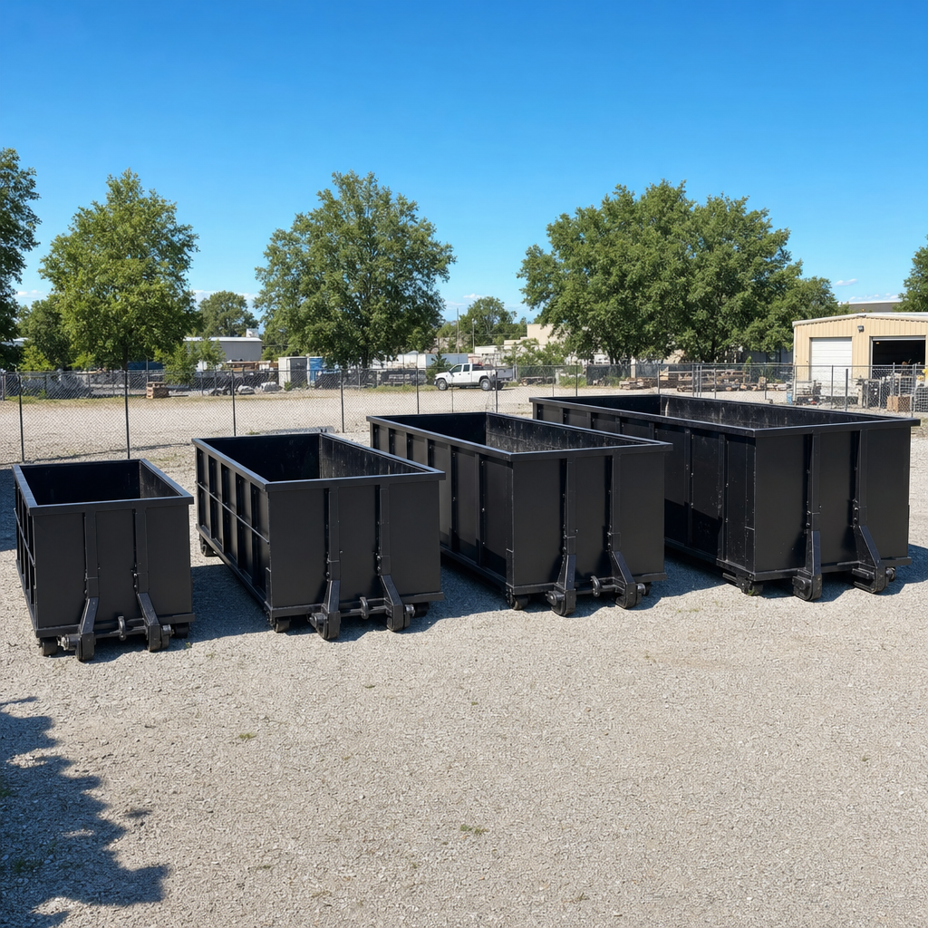 A clean lineup of matte-black roll-off dumpsters in 10, 20, 30, and 40-yard sizes staged on a sunlit gravel yard in Indianapolis, showing the size progression from compact to commercial-scale containers.