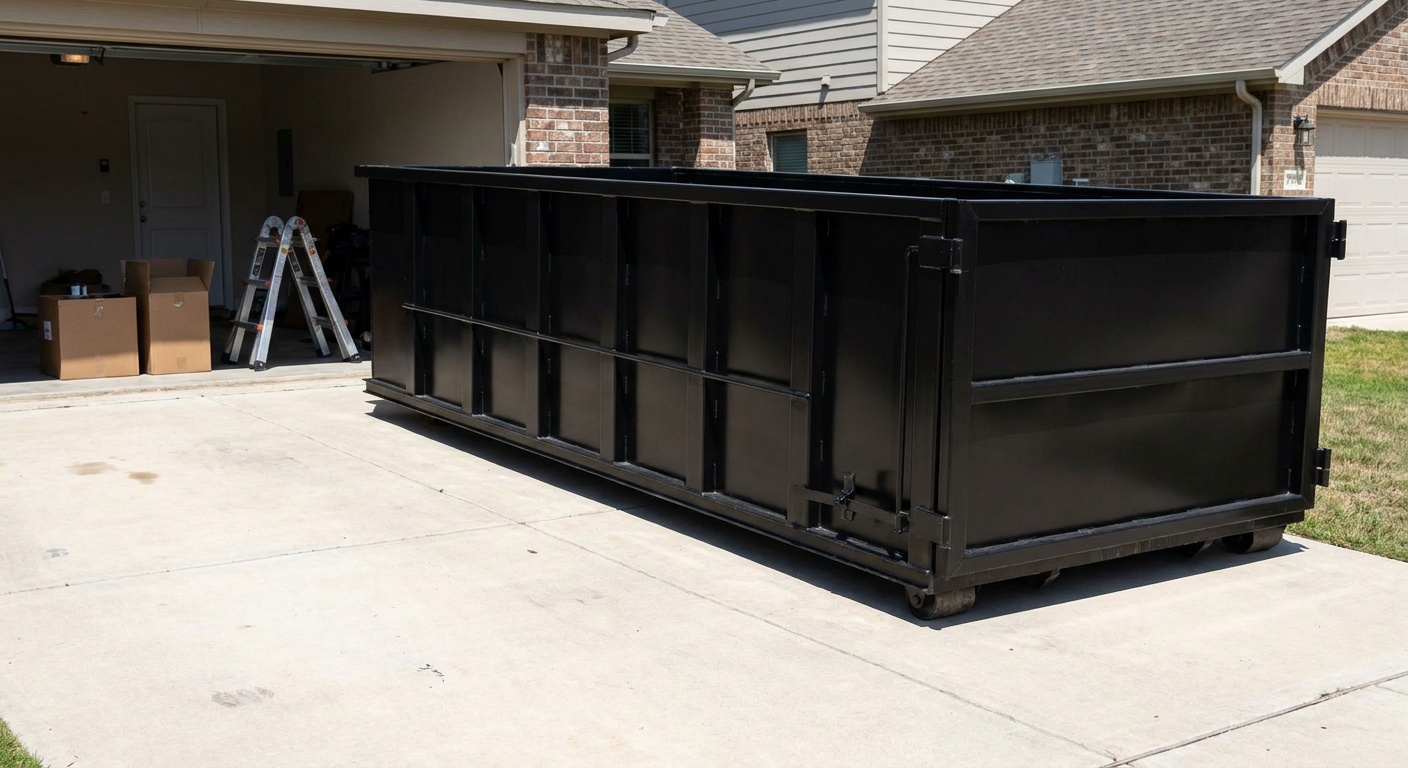 A matte-black 10-yard roll-off dumpster sitting directly on a residential Indianapolis concrete driveway, mid-day sunlight, clean and ready for a garage cleanout.