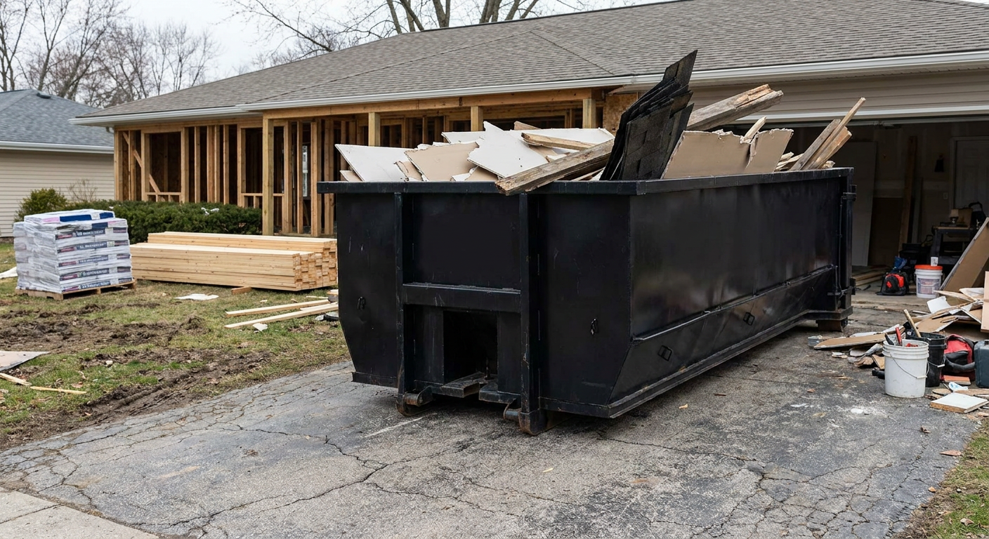 A matte-black 20-yard roll-off dumpster placed alongside a mid-renovation Indianapolis home directly on the asphalt driveway, with framing materials and torn-off shingles staged neatly nearby.