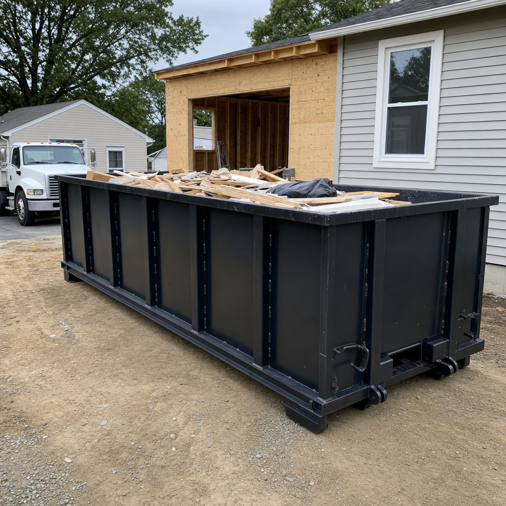 A matte-black 30-yard roll-off dumpster positioned at a Indianapolis residential addition jobsite, with framing lumber and drywall scraps loaded through the open swinging rear doors.