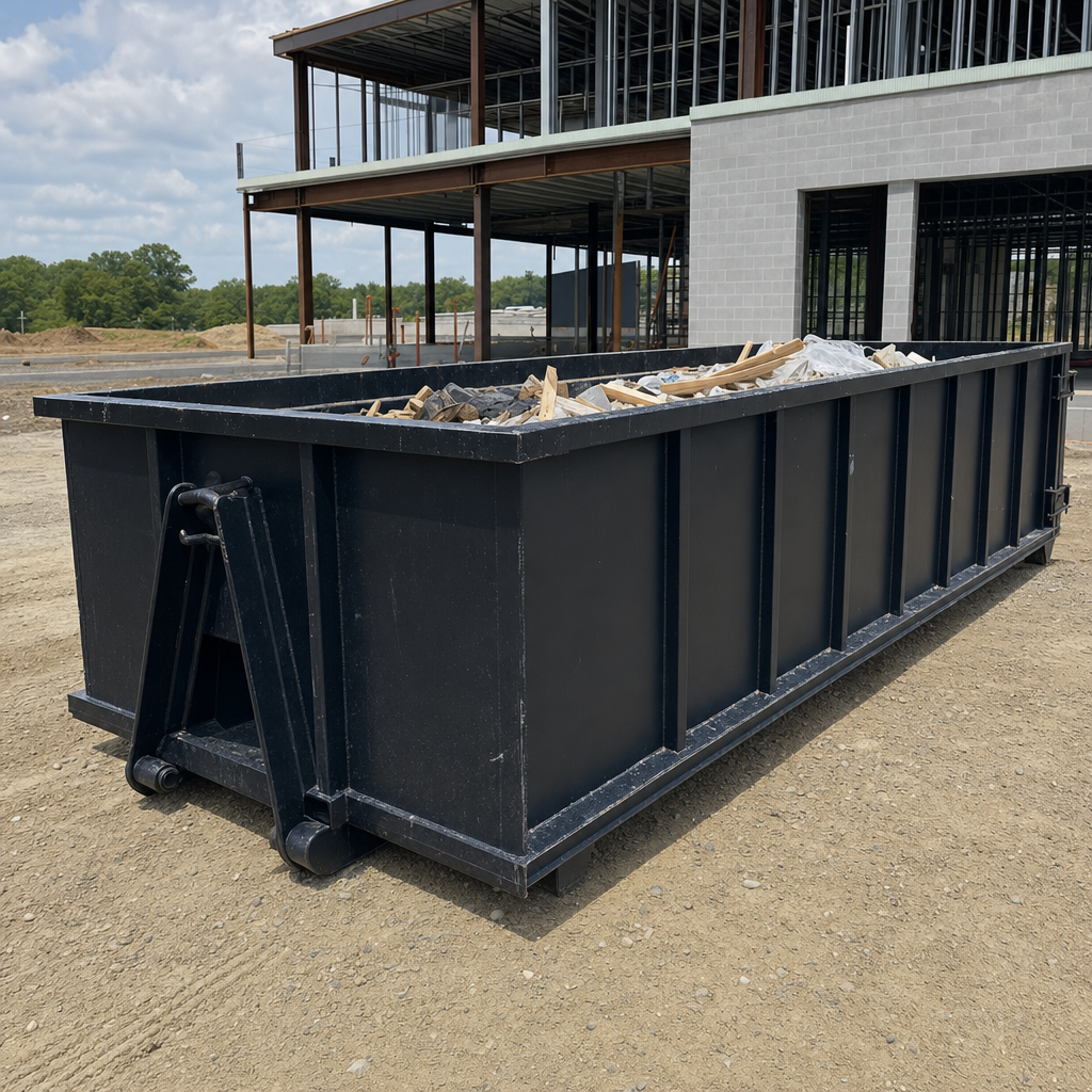 A matte-black 40-yard roll-off dumpster staged on a large Indianapolis commercial construction lot, with a hooklift delivery truck parked alongside under bright midday sky.