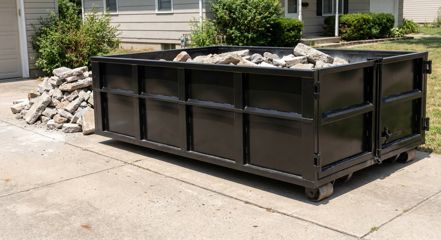 A matte-black low-side heavy-debris roll-off dumpster placed directly on a Indianapolis concrete driveway, with broken concrete chunks neatly stacked beside it under clean daylight.